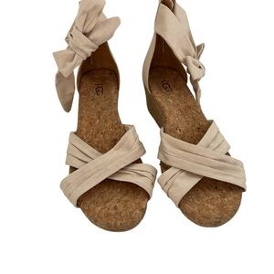 UGG Neutral Beige Cork Wedge Sandals with Ankle Wrap